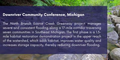 Downriver Community Conference, Michigan: the North Branch Ecorse Creek Greenway project manages severe and consistent flooding along a 17-mile corridor traversing seven communities in Southeast Michigan. The first phase is a 1.5-mile habitat restoration demonstration project in the upper reach of the watershed, which adds habitat, improves water quality and increases storage capacity, thereby reducing downriver flooding.
