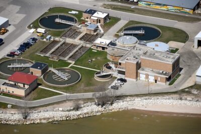 Overhead view of waterfront parkland at Two Rivers.