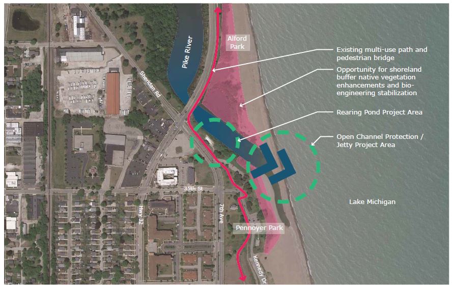 Overhead map of Pike River mouth improvements.